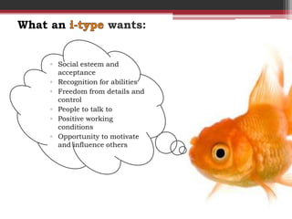What an             wants:


    ▫ Social esteem and
      acceptance
    ▫ Recognition for abilities
    ▫ Freedom from details and
      control
    ▫ People to talk to
    ▫ Positive working
      conditions
    ▫ Opportunity to motivate
      and influence others
 