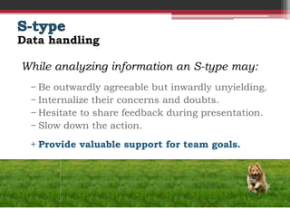Data handling

While analyzing information an S-type may:
  − Be outwardly agreeable but inwardly unyielding.
  − Internal...
