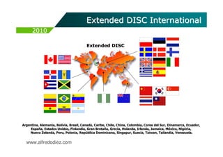 Extended DISC International
      2010

                                        Extended DISC




Argentina, Alemania, Bolívia, Brasil, Canadá, Caribe, Chile, China, Colombia, Corea del Sur, Dinamarca, Ecuador,
           Alemania, Bolí via, Brasil, Canadá Caribe,                                        Dinamarca,
     España, Estados Unidos, Finlandia, Gran Bretaña, Grecia, Holanda, Irlanda, Jamaica, México, Nigéria,
     Españ            Unidos, Finlandia,       Bretañ Grecia, Holanda, Irlanda,             Mé     Nigé ria,
    Nueva Zelanda, Peru, Polonia, República Dominicana, Singapur, Suecia, Taiwan, Tailandia, Venezuela.
            Zelanda,        Polonia, Repú      Dominicana, Singapur, Suecia,           Tailandia,


  www.alfredodiez.com
 