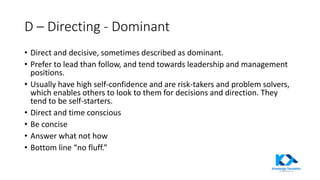 D – Directing - Dominant
• Direct and decisive, sometimes described as dominant.
• Prefer to lead than follow, and tend towards leadership and management
positions.
• Usually have high self-confidence and are risk-takers and problem solvers,
which enables others to look to them for decisions and direction. They
tend to be self-starters.
• Direct and time conscious
• Be concise
• Answer what not how
• Bottom line “no fluff.”
 