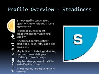 Profile Overview - Steadiness
ApersonwithaIstyle
Is motivated by cooperation,
opportunities to help and sincere
appreciation
Prioritizes giving support,
collaboration and maintaining
stability
Is described as calm, patient,
predictable, deliberate, stable and
consistent.
May be limited by being indecisive,
overly accommodating and
tendency to avoid change
May fear change, loss of stability
and offending others.
Values loyalty, helping others and
security
 