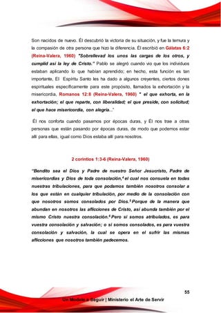 55
Un Modelo a Seguir | Ministerio el Arte de Servir
Son nacidos de nuevo. Él descubrió la victoria de su situación, y fue la ternura y
la compasión de otra persona que hizo la diferencia. Él escribió en Gálatas 6:2
(Reina-Valera, 1960) "Sobrellevad los unos las cargas de los otros, y
cumplid así la ley de Cristo.” Pablo se alegró cuando vio que los individuos
estaban aplicando lo que habían aprendido; en hecho, esta función es tan
importante, El Espíritu Santo les ha dado a algunos creyentes, ciertos dones
espirituales específicamente para este propósito, llamados la exhortación y la
misericordia, Romanos 12:8 (Reina-Valera, 1960) " el que exhorta, en la
exhortación; el que reparte, con liberalidad; el que preside, con solicitud;
el que hace misericordia, con alegría...”
Él nos conforta cuando pasamos por épocas duras, y Él nos trae a otras
personas que están pasando por épocas duras, de modo que podemos estar
allí para ellas, igual como Dios estaba allí para nosotros.
2 corintios 1:3-6 (Reina-Valera, 1960)
“Bendito sea el Dios y Padre de nuestro Señor Jesucristo, Padre de
misericordias y Dios de toda consolación,4 el cual nos consuela en todas
nuestras tribulaciones, para que podamos también nosotros consolar a
los que están en cualquier tribulación, por medio de la consolación con
que nosotros somos consolados por Dios.5 Porque de la manera que
abundan en nosotros las aflicciones de Cristo, así abunda también por el
mismo Cristo nuestra consolación.6 Pero si somos atribulados, es para
vuestra consolación y salvación; o si somos consolados, es para vuestra
consolación y salvación, la cual se opera en el sufrir las mismas
aflicciones que nosotros también padecemos.
 