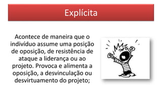 Explícita
Acontece de maneira que o
indivíduo assume uma posição
de oposição, de resistência de
ataque a liderança ou ao
projeto. Provoca e alimenta a
oposição, a desvinculação ou
desvirtuamento do projeto;
 