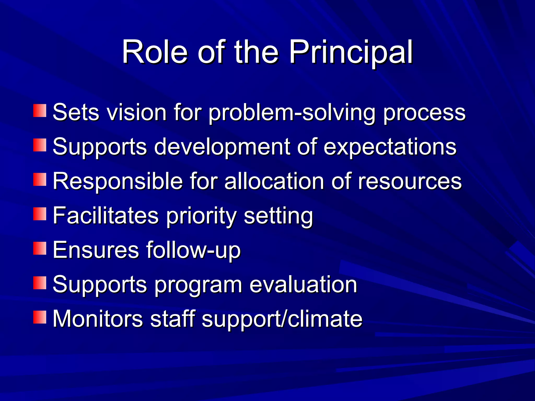 Role of the PrincipalRole of the Principal
Sets vision for problem-solving processSets vision for problem-solving process
Supports development of expectationsSupports development of expectations
Responsible for allocation of resourcesResponsible for allocation of resources
Facilitates priority settingFacilitates priority setting
Ensures follow-upEnsures follow-up
Supports program evaluationSupports program evaluation
Monitors staff support/climateMonitors staff support/climate
 