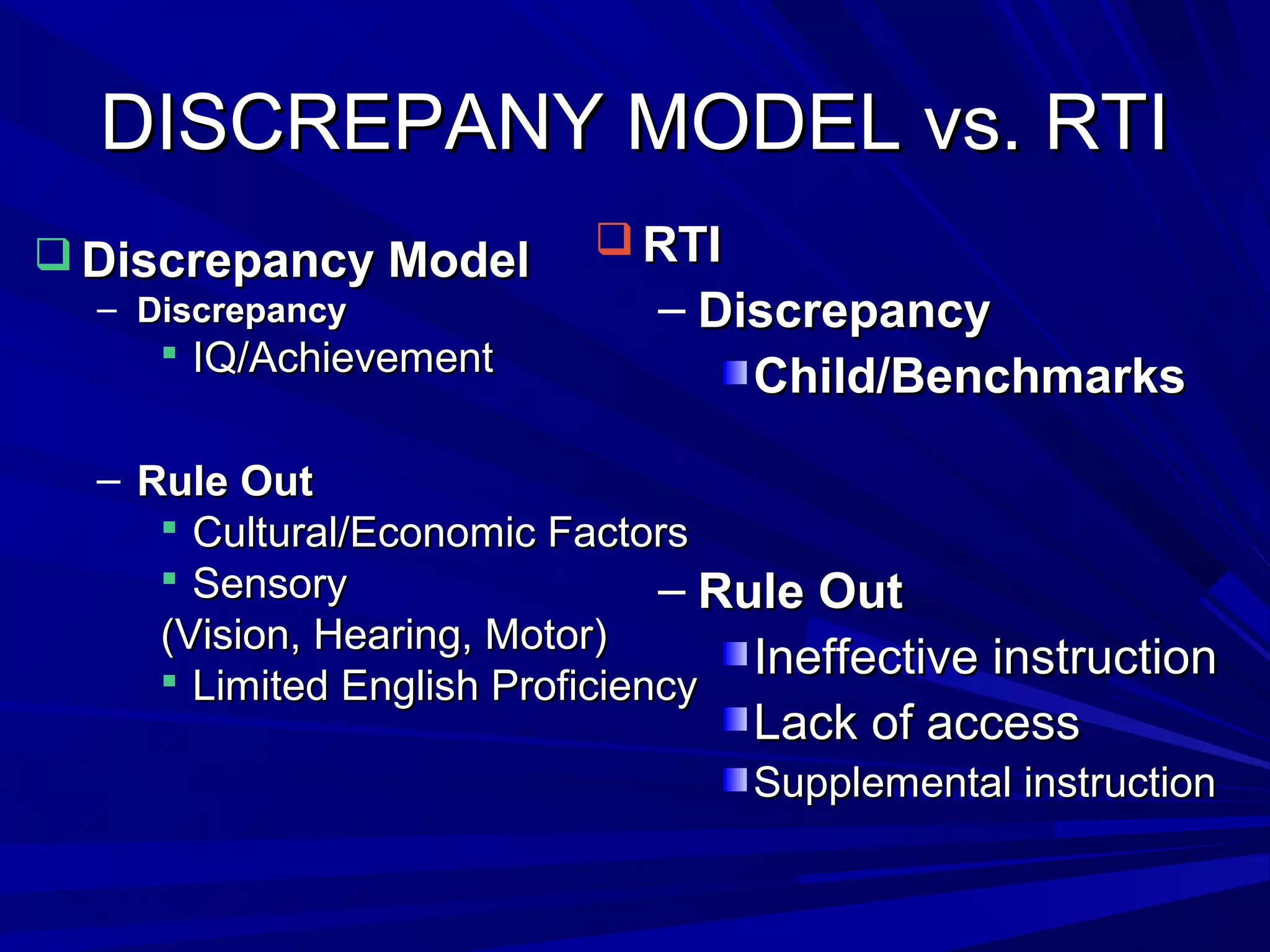 DISCREPANY MODEL vs. RTIDISCREPANY MODEL vs. RTI
 Discrepancy ModelDiscrepancy Model
– DiscrepancyDiscrepancy
 IQ/AchievementIQ/Achievement
– Rule OutRule Out
 Cultural/Economic FactorsCultural/Economic Factors
 SensorySensory
(Vision, Hearing, Motor)(Vision, Hearing, Motor)
 Limited English ProficiencyLimited English Proficiency
 RTIRTI
– DiscrepancyDiscrepancy
Child/BenchmarksChild/Benchmarks
– Rule OutRule Out
Ineffective instructionIneffective instruction
Lack of accessLack of access
Supplemental instructionSupplemental instruction
 