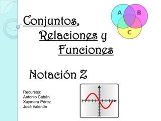 Notación Z Conjuntos,  Relaciones y  Funciones Recursos: Antonio Cabán XaymaraPérez José Valentín 