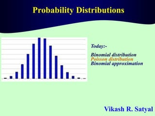 Probability Distributions
Vikash R. Satyal
Today:-
Binomial distribution
Poisson distribution
Binomial approximation
 