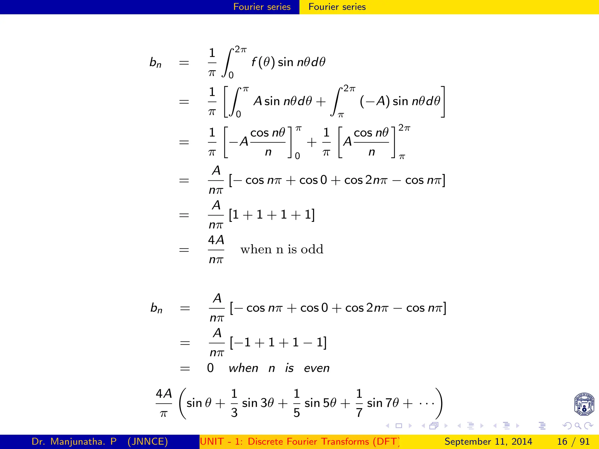 Fourier series Fourier series
bn =
1
π
Z 2π
0
f (θ) sin nθdθ
=
1
π
Z π
0
A sin nθdθ +
Z 2π
π
(−A) sin nθdθ

=
1
π

−A
cos nθ
n
π
0
+
1
π

A
cos nθ
n
2π
π
=
A
nπ
[− cos nπ + cos 0 + cos 2nπ − cos nπ]
=
A
nπ
[1 + 1 + 1 + 1]
=
4A
nπ
when n is odd
bn =
A
nπ
[− cos nπ + cos 0 + cos 2nπ − cos nπ]
=
A
nπ
[−1 + 1 + 1 − 1]
= 0 when n is even
4A
π

sin θ +
1
3
sin 3θ +
1
5
sin 5θ +
1
7
sin 7θ + · · ·

Dr. Manjunatha. P (JNNCE) UNIT - 1: Discrete Fourier Transforms (DFT)[1, 2, 3, 4, 5]
September 11, 2014 16 / 91
 