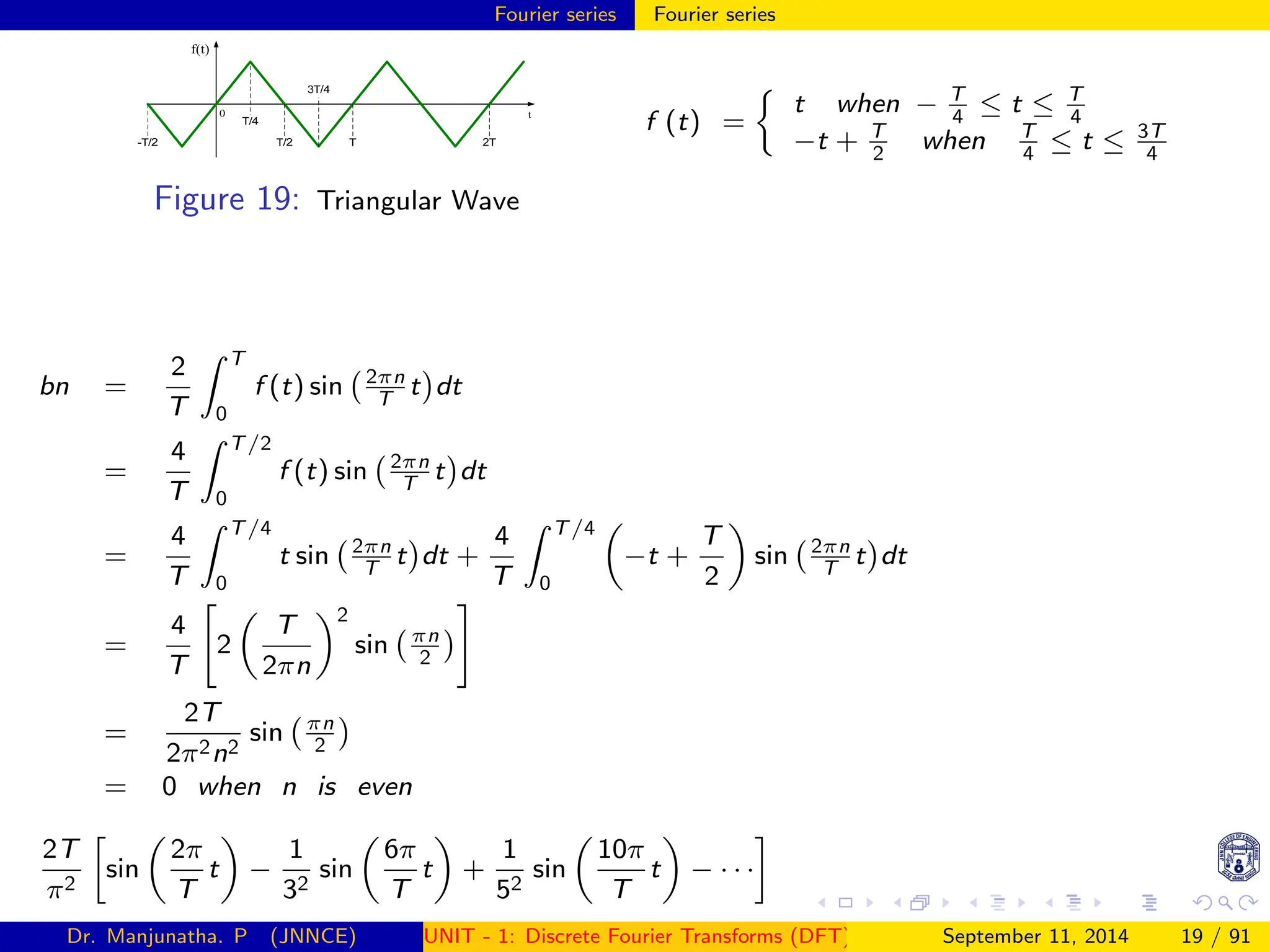 Fourier series Fourier series
Figure 19: Triangular Wave
bn =
2
T
Z T
0
f (t) sin 2πn
T
t

dt
=
4
T
Z T/2
0
f (t) sin 2πn
T
t

dt
=
4
T
Z T/4
0
t sin 2πn
T
t

dt +
4
T
Z T/4
0

−t +
T
2

sin 2πn
T
t

dt
=
4
T

2

T
2πn
2
sin πn
2

#
=
2T
2π2n2
sin πn
2

= 0 when n is even
2T
π2

sin

2π
T
t

−
1
32
sin

6π
T
t

+
1
52
sin

10π
T
t

− · · ·

f (t) =

t when − T
4
≤ t ≤ T
4
−t + T
2
when T
4
≤ t ≤ 3T
4
Dr. Manjunatha. P (JNNCE) UNIT - 1: Discrete Fourier Transforms (DFT)[1, 2, 3, 4, 5]
September 11, 2014 19 / 91
 