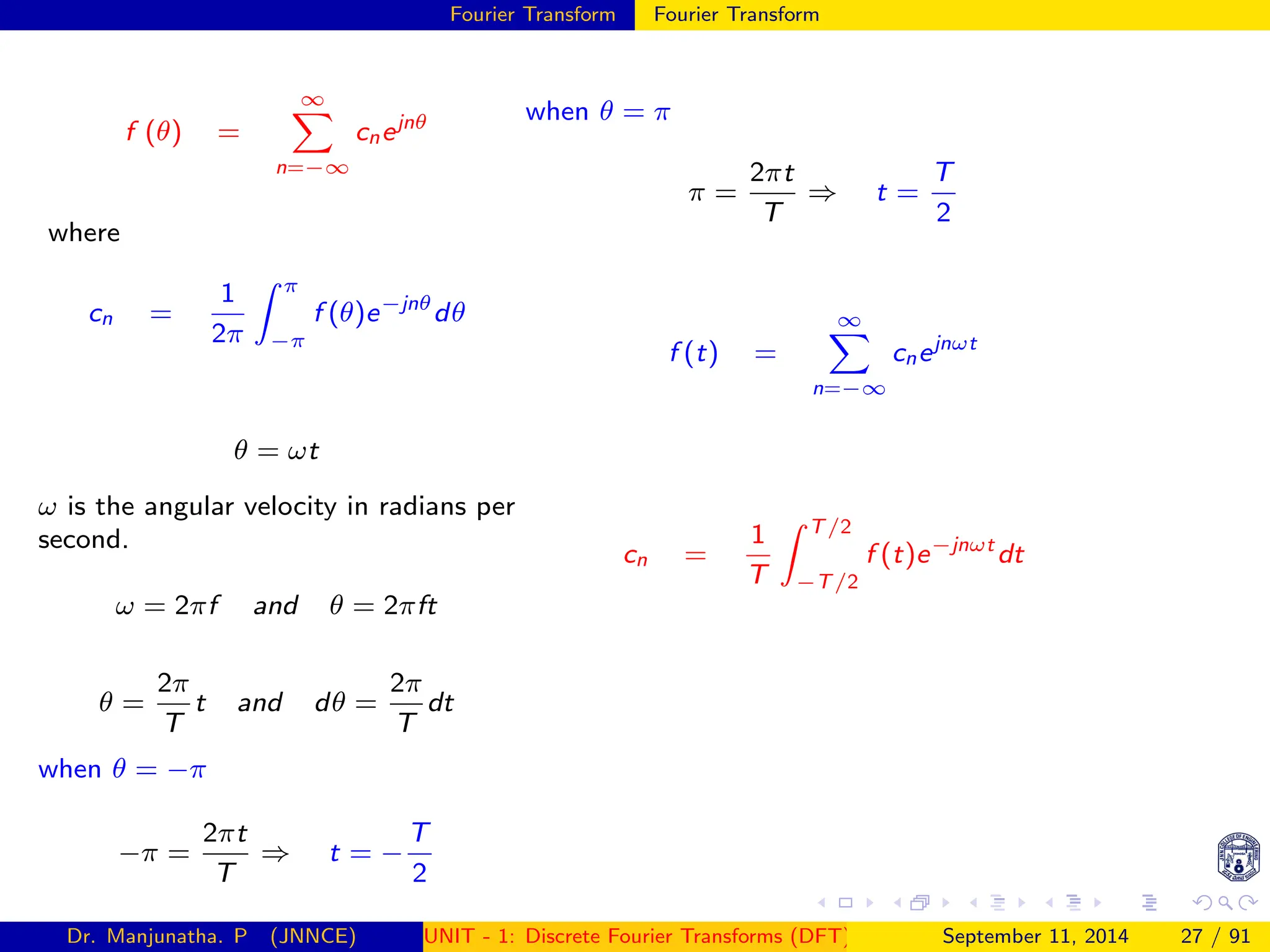 Fourier Transform Fourier Transform
f (θ) =
∞
X
n=−∞
cnejnθ
where
cn =
1
2π
Z π
−π
f (θ)e−jnθ
dθ
θ = ωt
ω is the angular velocity in radians per
second.
ω = 2πf and θ = 2πft
θ =
2π
T
t and dθ =
2π
T
dt
when θ = −π
−π =
2πt
T
⇒ t = −
T
2
when θ = π
π =
2πt
T
⇒ t =
T
2
f (t) =
∞
X
n=−∞
cnejnωt
cn =
1
T
Z T/2
−T/2
f (t)e−jnωt
dt
Dr. Manjunatha. P (JNNCE) UNIT - 1: Discrete Fourier Transforms (DFT)[1, 2, 3, 4, 5]
September 11, 2014 27 / 91
 