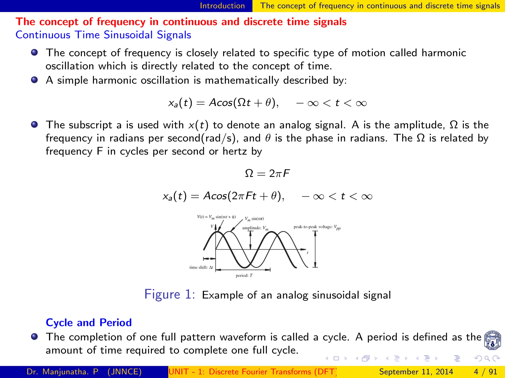 Introduction The concept of frequency in continuous and discrete time signals
The concept of frequency in continuous and discrete time signals
Continuous Time Sinusoidal Signals
The concept of frequency is closely related to specific type of motion called harmonic
oscillation which is directly related to the concept of time.
A simple harmonic oscillation is mathematically described by:
xa(t) = Acos(Ωt + θ), − ∞ < t < ∞
The subscript a is used with x(t) to denote an analog signal. A is the amplitude, Ω is the
frequency in radians per second(rad/s), and θ is the phase in radians. The Ω is related by
frequency F in cycles per second or hertz by
Ω = 2πF
xa(t) = Acos(2πFt + θ), − ∞ < t < ∞
Figure 1: Example of an analog sinusoidal signal
Cycle and Period
The completion of one full pattern waveform is called a cycle. A period is defined as the
amount of time required to complete one full cycle.
Dr. Manjunatha. P (JNNCE) UNIT - 1: Discrete Fourier Transforms (DFT)[1, 2, 3, 4, 5]
September 11, 2014 4 / 91
 