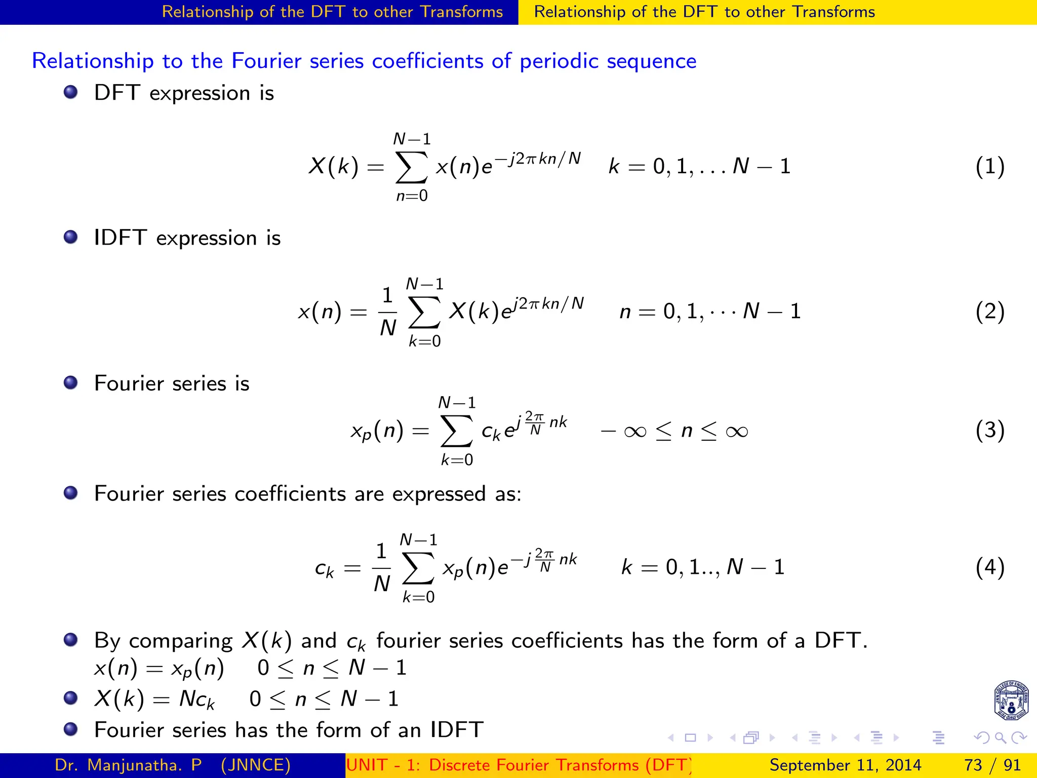 Relationship of the DFT to other Transforms Relationship of the DFT to other Transforms
Relationship to the Fourier series coefficients of periodic sequence
DFT expression is
X(k) =
N−1
X
n=0
x(n)e−j2πkn/N
k = 0, 1, . . . N − 1 (1)
IDFT expression is
x(n) =
1
N
N−1
X
k=0
X(k)ej2πkn/N
n = 0, 1, · · · N − 1 (2)
Fourier series is
xp(n) =
N−1
X
k=0
ck ej 2π
N
nk
− ∞ ≤ n ≤ ∞ (3)
Fourier series coefficients are expressed as:
ck =
1
N
N−1
X
k=0
xp(n)e−j 2π
N
nk
k = 0, 1.., N − 1 (4)
By comparing X(k) and ck fourier series coefficients has the form of a DFT.
x(n) = xp(n) 0 ≤ n ≤ N − 1
X(k) = Nck 0 ≤ n ≤ N − 1
Fourier series has the form of an IDFT
Dr. Manjunatha. P (JNNCE) UNIT - 1: Discrete Fourier Transforms (DFT)[1, 2, 3, 4, 5]
September 11, 2014 73 / 91
 