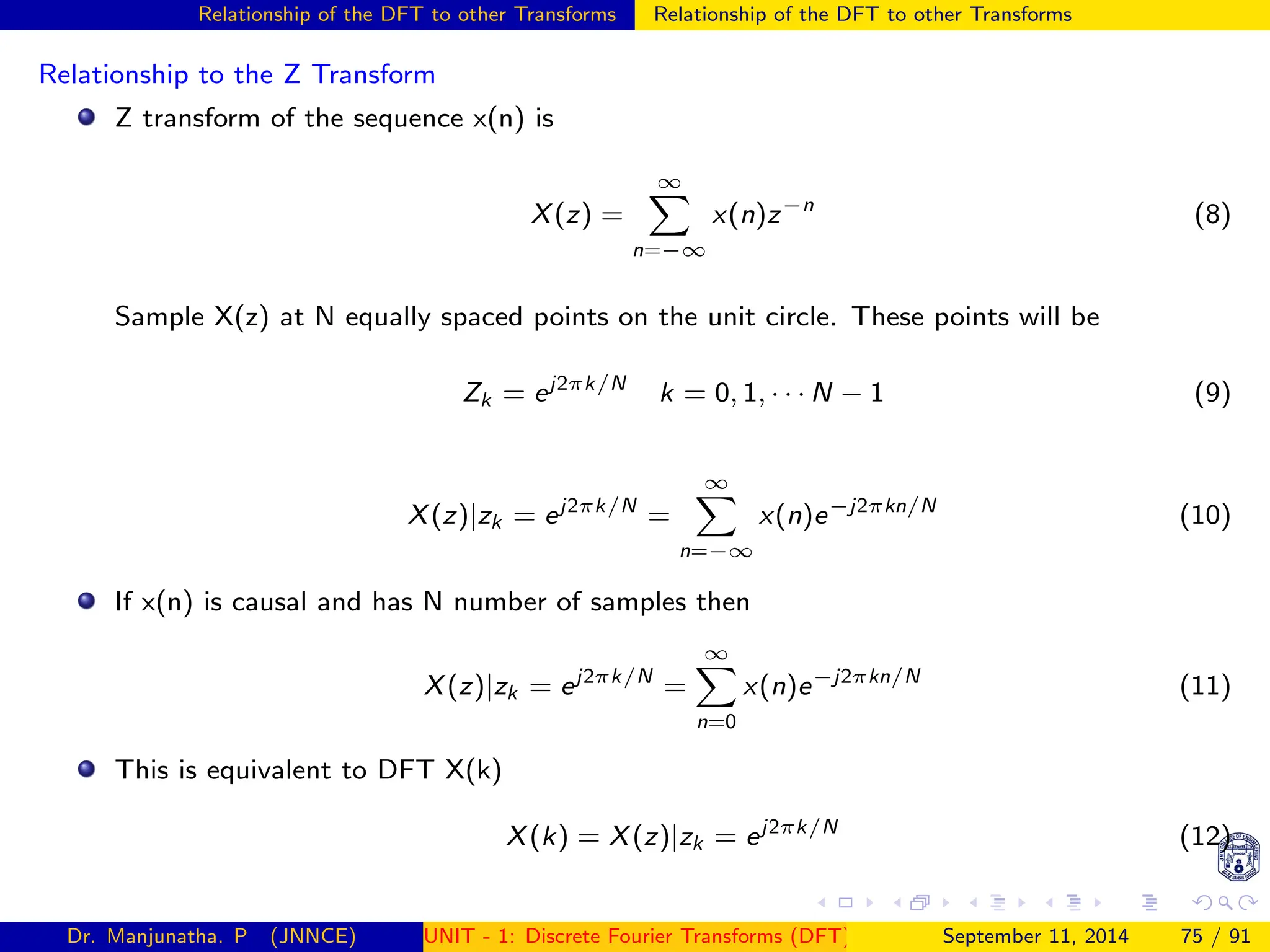 Relationship of the DFT to other Transforms Relationship of the DFT to other Transforms
Relationship to the Z Transform
Z transform of the sequence x(n) is
X(z) =
∞
X
n=−∞
x(n)z−n
(8)
Sample X(z) at N equally spaced points on the unit circle. These points will be
Zk = ej2πk/N
k = 0, 1, · · · N − 1 (9)
X(z)|zk = ej2πk/N
=
∞
X
n=−∞
x(n)e−j2πkn/N
(10)
If x(n) is causal and has N number of samples then
X(z)|zk = ej2πk/N
=
∞
X
n=0
x(n)e−j2πkn/N
(11)
This is equivalent to DFT X(k)
X(k) = X(z)|zk = ej2πk/N
(12)
Dr. Manjunatha. P (JNNCE) UNIT - 1: Discrete Fourier Transforms (DFT)[1, 2, 3, 4, 5]
September 11, 2014 75 / 91
 