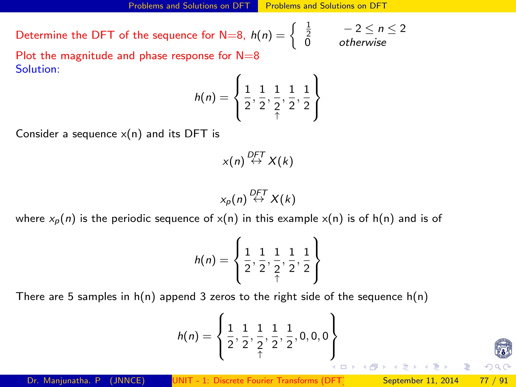 Problems and Solutions on DFT Problems and Solutions on DFT
Determine the DFT of the sequence for N=8, h(n) =
 1
2
− 2 ≤ n ≤ 2
0 otherwise
Plot the magnitude and phase response for N=8
Solution:
h(n) =





1
2
,
1
2
,
1
2
↑
,
1
2
,
1
2





Consider a sequence x(n) and its DFT is
x(n)
DFT
↔ X(k)
xp(n)
DFT
↔ X(k)
where xp(n) is the periodic sequence of x(n) in this example x(n) is of h(n) and is of
h(n) =





1
2
,
1
2
,
1
2
↑
,
1
2
,
1
2





There are 5 samples in h(n) append 3 zeros to the right side of the sequence h(n)
h(n) =





1
2
,
1
2
,
1
2
↑
,
1
2
,
1
2
, 0, 0, 0





Dr. Manjunatha. P (JNNCE) UNIT - 1: Discrete Fourier Transforms (DFT)[1, 2, 3, 4, 5]
September 11, 2014 77 / 91
 