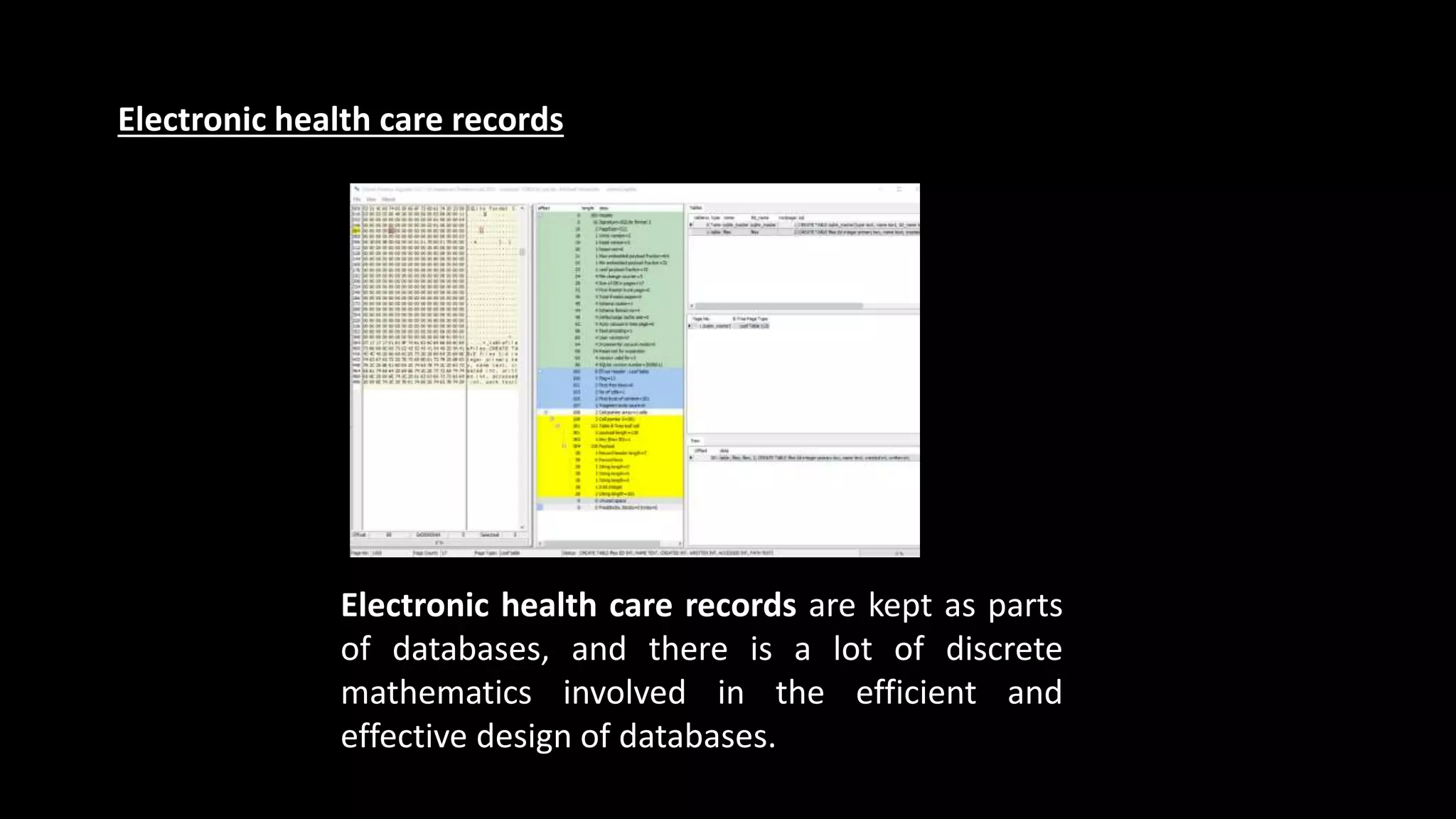 Electronic health care records
Electronic health care records are kept as parts
of databases, and there is a lot of discrete
mathematics involved in the efficient and
effective design of databases.
 