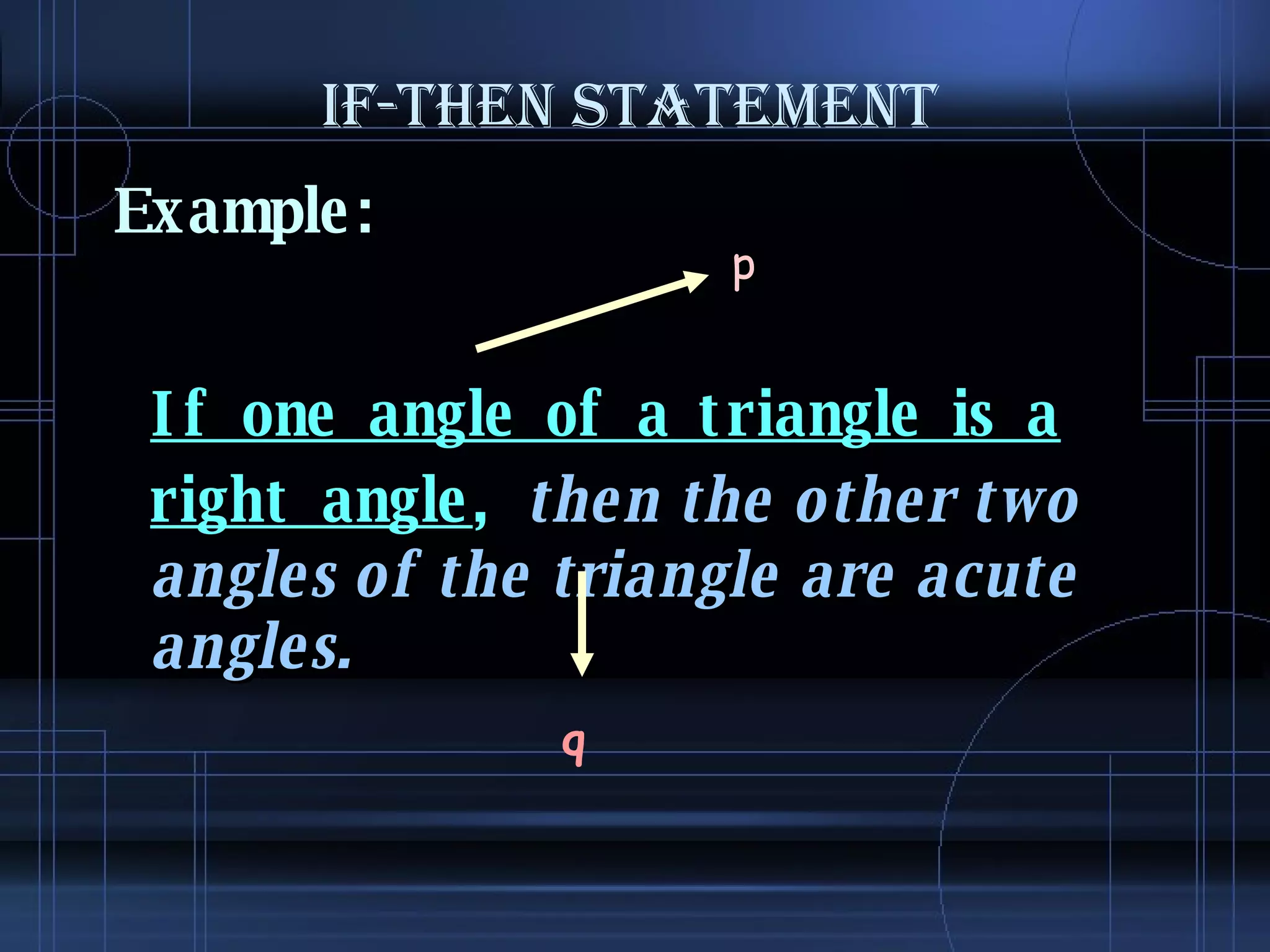IF-THEN STATEMENT Example: If one angle of a triangle is a right angle ,  then the other two angles of the triangle are acute angles.  p q 