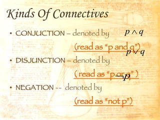Kinds Of Connectives CONJUCTION  – denoted by  (read as “p and q”) DISJUNCTION  – denoted by  ( read as “p or q” ) NEGATION  --  denoted by  (read as “not p”) 