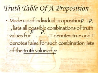 Truth Table Of A Proposition   Made up of individual proposition  ...  , lists all possible combinations of truth values for  ....  .T denotes true and F denotes false for such combination lists of the  truth value of  p . 