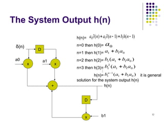 12
The System Output h(n)
δ(n)
)
1
(
)
1
(
)
( 1
1
0 




 n
h
b
n
a
n
a
D
x
x
x
+
D
h(n)
b1
a0 a1
h(n)=
n=0 then h(0)=
n=1 then h(1)=
n=2 then h(2)=
n=3 then h(3)=
h(n)= it is general
solution for the system output h(n)
0
a
0
1
1 a
b
a 
)
( 0
1
1
1 a
b
a
b 
)
( 0
1
1
2
1 a
b
a
b 
)
( 0
1
1
1
1 a
b
a
bn


 