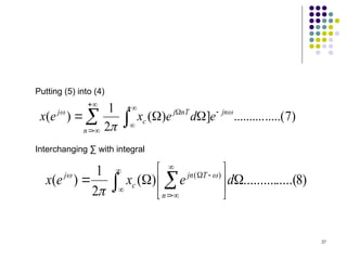 37
)
7
.....(
..........
]
)
(
2
1
)
(  












n
jn
nT
j
c
j
e
d
e
x
e
x 


Putting (5) into (4)
Interchanging ∑ with integral
)
8
.....(
..........
)
(
2
1
)
( )
(








  








d
e
x
e
x
n
T
jn
c
j 


 