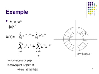 48
Example
 x(n)=a|n|
|a|<1
X(z)=
=
 








1 0
n
n
n
n
n
n
z
a
z
a








0
1 n
n
n
n
n
n
z
a
z
a
1 2
1- convergent for |az|<1
2-convergent for |az-1
|<1
where |a|<|z|<1/|a|
a>1
a<1
Don’t shape
 