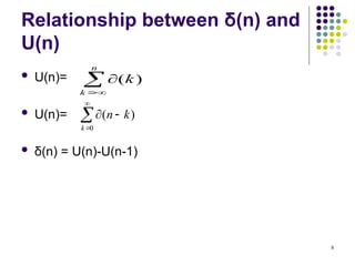 8
Relationship between δ(n) and
U(n)
 U(n)=
 U(n)=
 δ(n) = U(n)-U(n-1)




n
k
k)
(





0
)
(
k
k
n
 