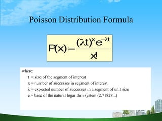 20
Poisson Distribution Formula
where:
t = size of the segment of interest
x = number of successes in segment of interest
 = expected number of successes in a segment of unit size
e = base of the natural logarithm system (2.71828...)
!
x
e
)
t
(
)
x
(
P
t
x 



 
