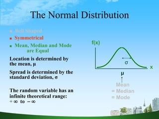 32
The Normal Distribution
 ‘Bell Shaped’
 Symmetrical
 Mean, Median and Mode
are Equal
Location is determined by
the mean, μ
Spread is determined by the
standard deviation, σ
The random variable has an
infinite theoretical range:
+  to  
Mean
= Median
= Mode
x
f(x)
μ
σ
 