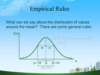 37
Empirical Rules
μ ± 1σ encloses about 68%
of x’s
f(x)
x
μ μ+1σ
μ1σ
What can we say about the distribution of values
around the mean? There are some general rules:
σ
σ
68.26%
 
