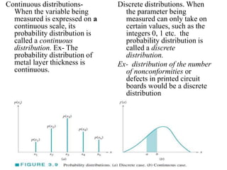 Continuous distributions-
When the variable being
measured is expressed on a
continuous scale, its
probability distribution is
called a continuous
distribution. Ex- The
probability distribution of
metal layer thickness is
continuous.
Discrete distributions. When
the parameter being
measured can only take on
certain values, such as the
integers 0, 1 etc. the
probability distribution is
called a discrete
distribution.
Ex- distribution of the number
of nonconformities or
defects in printed circuit
boards would be a discrete
distribution
 