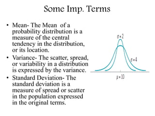 Some Imp. Terms
• Mean- The Mean of a
probability distribution is a
measure of the central
tendency in the distribution,
or its location.
• Variance- The scatter, spread,
or variability in a distribution
is expressed by the variance.
• Standard Deviation- The
standard deviation is a
measure of spread or scatter
in the population expressed
in the original terms.
 