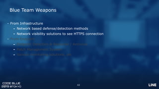 CODE BLUE
2019 @TOKYO
Blue Team Weapons
- From Infrastructure
- Network based defense/detection methods
- Network visibili...