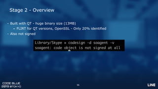 CODE BLUE
2019 @TOKYO
Stage 2 - Overview
- Built with QT - huge binary size (13MB)
- FLIRT for QT versions, OpenSSL - Only...