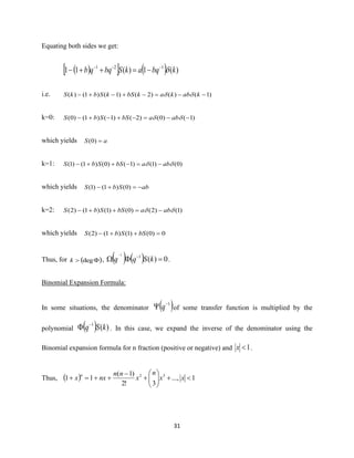 31
Equating both sides we get:
( )  ( ) )(1)(11 121
kbqakSbqqb −−−
−=++−
i.e. )1()()2()1()1()( −−=−+−+− kabkakbSkSbkS 
k=0: )1()0()2()1()1()0( −−=−+−+−  ababSSbS
which yields aS =)0(
k=1: )0()1()1()0()1()1(  ababSSbS −=−++−
which yields abSbS −=+− )0()1()1(
k=2: )1()2()0()1()1()2(  ababSSbS −=++−
which yields 0)0()1()1()2( =++− bSSbS
Thus, for ( ) degk , ( ) ( ) 0)(11
= −−
kSqq .
Binomial Expansion Formula:
In some situations, the denominator ( )1−
 q of some transfer function is multiplied by the
polynomial ( ) )(1
kSq−
 . In this case, we expand the inverse of the denominator using the
Binomial expansion formula for n fraction (positive or negative) and 1x .
Thus, ( ) 1...,
3!2
)1(
11 32
+





+
−
++=+ xx
n
x
nn
nxx
n
 