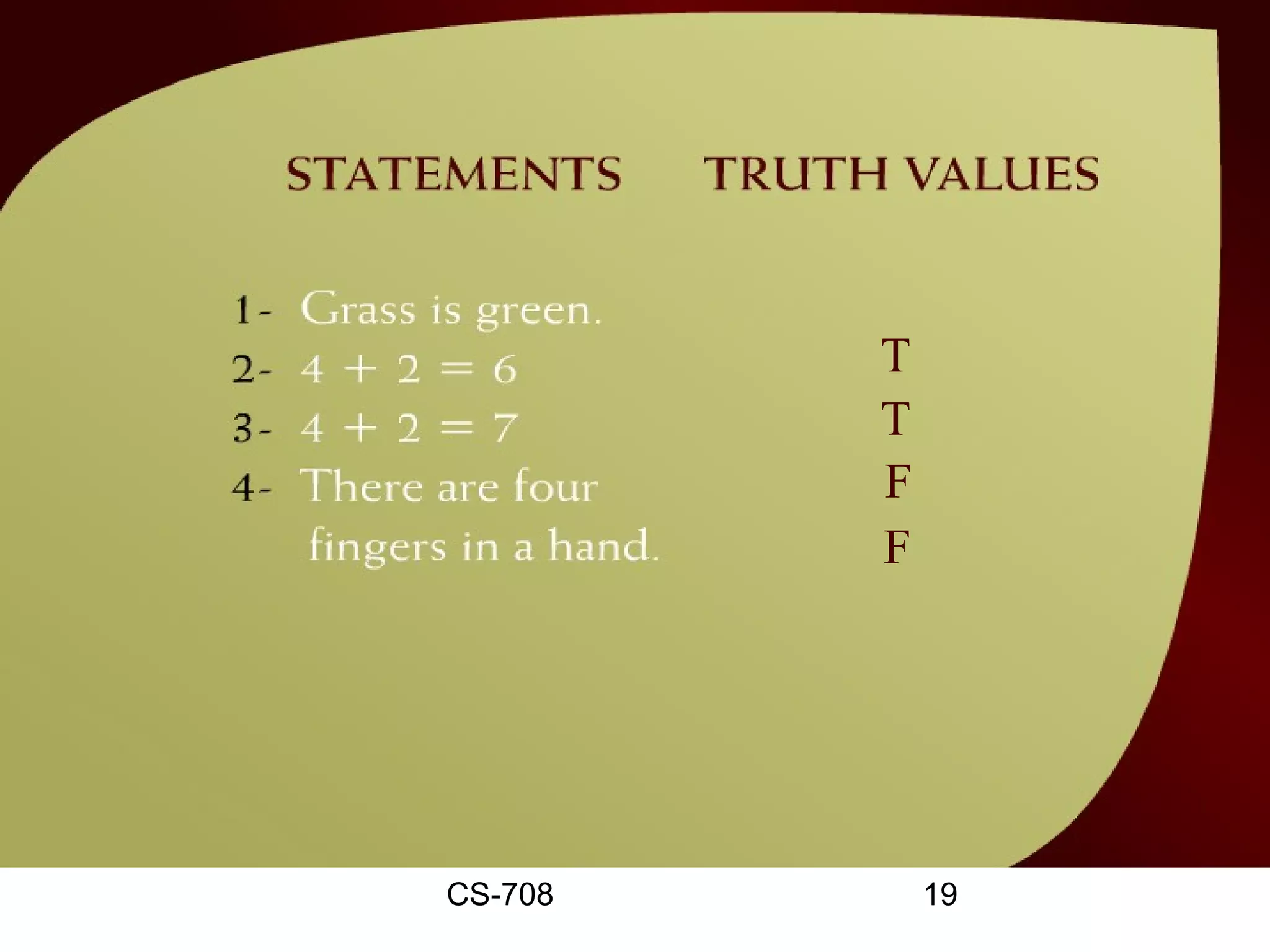 Statements & Truth Values –
            9b
                    T
                    T
                    F
                    F




        CS-708          19
 