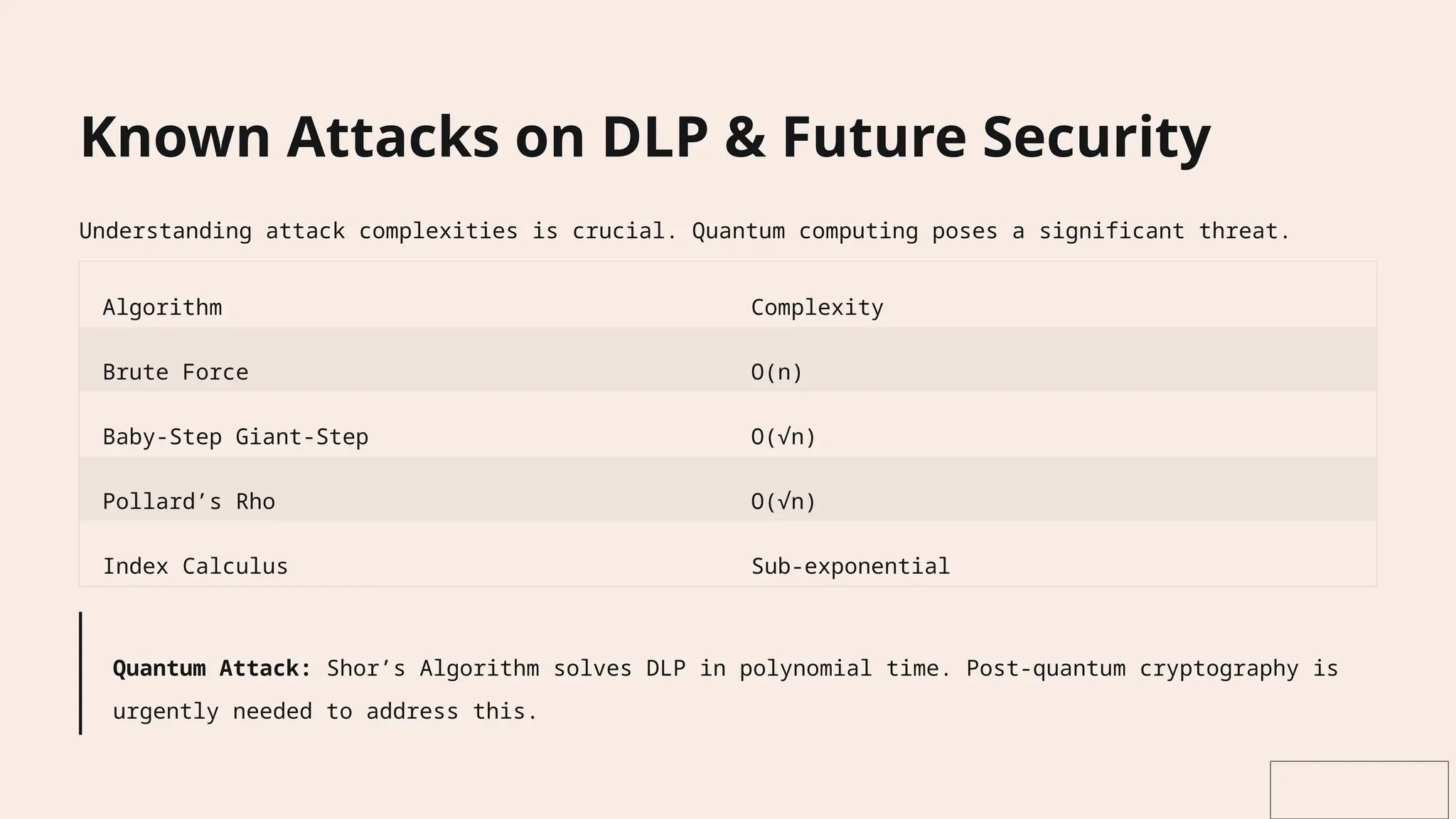 Known Attacks on DLP & Future Security
Understanding attack complexities is crucial. Quantum computing poses a significant threat.
Algorithm Complexity
Brute Force O(n)
Baby-Step Giant-Step O(√n)
Pollard’s Rho O(√n)
Index Calculus Sub-exponential
Quantum Attack: Shor’s Algorithm solves DLP in polynomial time. Post-quantum cryptography is
urgently needed to address this.
 