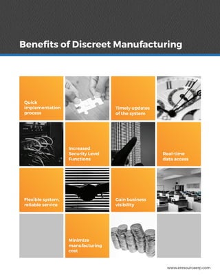 Quick
implementation
process
Timely updates
of the system
Increased
Security Level
Functions
Real-time
data access
Flexible system,
reliable service
Gain business
visibility
Minimize
manufacturing
cost
www.eresourceerp.com
Beneﬁts of Discreet Manufacturing
 
