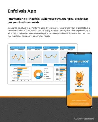 Spend Managed By Procurement
Goal: 80.00% Average: 82.82% Goal: 70.00% Average: 69.82% Goal: 60.00% Average: 30.37% Goal: 60.00% Average: 68.82%
On-time Payment PO Coverage Contract Coverage
Spend by Entity/Country Spend by Country Spend by Vendor/Country
Insurance
Technology
Group Holding
Personiﬁcation
Pension Fund
Sachversi cherungi
Real Estate Ma.
Call Center
0 10 20
M
30Entity
58%
22%
12%
14%
8%
IT
Vendor 1
Vendor 1
Vendor 1
Vendor 1
Vendor 1
Vendor 1
Vendor 1
Vendor 1
Vendor 1
Vendor 1
CATEGORY
Services
FM
Marketing
Uncategorised
0 10 20 30 40 50
M
Information at Fingertip. Build your own Analytical reports as
per your business needs.
eresource Enfolysis is a Platform used by eresource to provide your organization a
panoramic view of data, which can be easily accessed at anytime from anywhere, but
with Valid credentials. eresource Analytical reporting can be easily customized, so that
you may tailor the reports as per your needs.
Enfolysis App
www.eresourceerp.com
 