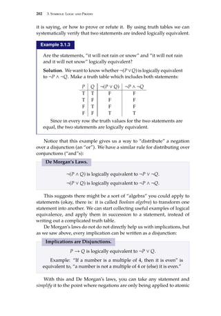 202 3. Symbolic Logic and Proofs
it is saying, or how to prove or refute it. By using truth tables we can
systematically verify that two statements are indeed logically equivalent.
Example 3.1.3
Are the statements, “it will not rain or snow” and “it will not rain
and it will not snow” logically equivalent?
Solution. We want to know whether ¬(P∨Q) is logically equivalent
to ¬P ∧ ¬Q. Make a truth table which includes both statements:
P Q ¬(P ∨ Q) ¬P ∧ ¬Q
T T F F
T F F F
F T F F
F F T T
Since in every row the truth values for the two statements are
equal, the two statements are logically equivalent.
Notice that this example gives us a way to “distribute” a negation
over a disjunction (an “or”). We have a similar rule for distributing over
conjunctions (“and”s):
De Morgan’s Laws.
¬(P ∧ Q) is logically equivalent to ¬P ∨ ¬Q.
¬(P ∨ Q) is logically equivalent to ¬P ∧ ¬Q.
This suggests there might be a sort of “algebra” you could apply to
statements (okay, there is: it is called Boolean algebra) to transform one
statement into another. We can start collecting useful examples of logical
equivalence, and apply them in succession to a statement, instead of
writing out a complicated truth table.
De Morgan’s laws do not do not directly help us with implications, but
as we saw above, every implication can be written as a disjunction:
Implications are Disjunctions.
P → Q is logically equivalent to ¬P ∨ Q.
Example: “If a number is a multiple of 4, then it is even” is
equivalent to, “a number is not a multiple of 4 or (else) it is even.”
With this and De Morgan’s laws, you can take any statement and
simplify it to the point where negations are only being applied to atomic
 