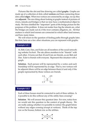 232 4. Graph Theory
Pictures like the dot and line drawing are called graphs. Graphs are
made up of a collection of dots called vertices and lines connecting those
dots called edges. When two vertices are connected by an edge, we say they
are adjacent. The nice thing about looking at graphs instead of pictures of
rivers, islands and bridges is that we now have a mathematical object to
study. We have distilled the “important” parts of the bridge picture for the
purposes of the problem. It does not matter how big the islands are, what
the bridges are made out of, if the river contains alligators, etc. All that
matters is which land masses are connected to which other land masses,
and how many times.
We will return to the question of finding paths through graphs later.
But first, here are a few other situations you can represent with graphs:
Example 4.0.1
Al, Bob, Cam, Dan, and Euler are all members of the social network-
ing website Facebook. The site allows members to be “friends” with
each other. It turns out that Al and Cam are friends, as are Bob and
Dan. Euler is friends with everyone. Represent this situation with a
graph.
Solution. Each person will be represented by a vertex and each
friendship will be represented by an edge. That is, two vertices will
be adjacent (there will be an edge between them) if and only if the
people represented by those vertices are friends.
C
E
A
D
B
Example 4.0.2
Each of three houses must be connected to each of three utilities. Is
it possible to do this without any of the utility lines crossing?
Solution. We will answer this question later. For now, notice how
we would ask this question in the context of graph theory. We
are really asking whether it is possible to redraw the graph below
without any edges crossing (except at vertices). Think of the top
row as the houses, bottom row as the utilities.
 