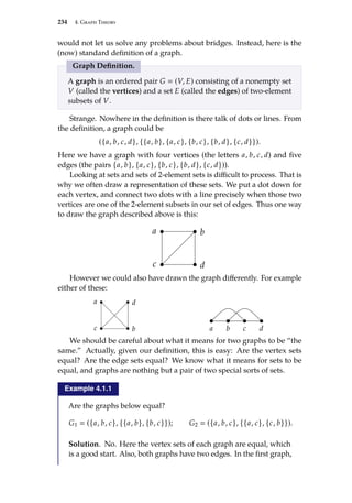 234 4. Graph Theory
would not let us solve any problems about bridges. Instead, here is the
(now) standard definition of a graph.
Graph Definition.
A graph is an ordered pair G  (V, E) consisting of a nonempty set
V (called the vertices) and a set E (called the edges) of two-element
subsets of V.
Strange. Nowhere in the definition is there talk of dots or lines. From
the definition, a graph could be
({a, b, c, d}, {{a, b}, {a, c}, {b, c}, {b, d}, {c, d}}).
Here we have a graph with four vertices (the letters a, b, c, d) and five
edges (the pairs {a, b}, {a, c}, {b, c}, {b, d}, {c, d})).
Looking at sets and sets of 2-element sets is difficult to process. That is
why we often draw a representation of these sets. We put a dot down for
each vertex, and connect two dots with a line precisely when those two
vertices are one of the 2-element subsets in our set of edges. Thus one way
to draw the graph described above is this:
a b
c d
However we could also have drawn the graph differently. For example
either of these:
a
b
c
d
a b c d
We should be careful about what it means for two graphs to be “the
same.” Actually, given our definition, this is easy: Are the vertex sets
equal? Are the edge sets equal? We know what it means for sets to be
equal, and graphs are nothing but a pair of two special sorts of sets.
Example 4.1.1
Are the graphs below equal?
G1  ({a, b, c}, {{a, b}, {b, c}}); G2  ({a, b, c}, {{a, c}, {c, b}}).
Solution. No. Here the vertex sets of each graph are equal, which
is a good start. Also, both graphs have two edges. In the first graph,
 