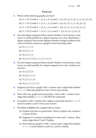 4.2. Trees 255
Exercises
1. Which of the following graphs are trees?
(a) G  (V, E)with V  {a, b, c, d, e} and E  {{a, b}, {a, e}, {b, c}, {c, d}, {d, e}}
(b) G  (V, E)with V  {a, b, c, d, e} and E  {{a, b}, {b, c}, {c, d}, {d, e}}
(c) G  (V, E)with V  {a, b, c, d, e} and E  {{a, b}, {a, c}, {a, d}, {a, e}}
(d) G  (V, E) with V  {a, b, c, d, e} and E  {{a, b}, {a, c}, {d, e}}
2. For each degree sequence below, decide whether it must always, must
never, or could possibly be a degree sequence for a tree. Remember, a
degree sequence lists out the degrees (number of edges incident to the
vertex) of all the vertices in a graph in non-increasing order.
(a) (4, 1, 1, 1, 1)
(b) (3, 3, 2, 1, 1)
(c) (2, 2, 2, 1, 1)
(d) (4, 4, 3, 3, 3, 2, 2, 1, 1, 1, 1, 1, 1, 1)
3. For each degree sequence below, decide whether it must always, must
never, or could possibly be a degree sequence for a tree. Justify your
answers.
(a) (3, 3, 2, 2, 2)
(b) (3, 2, 2, 1, 1, 1)
(c) (3, 3, 3, 1, 1, 1)
(d) (4, 4, 1, 1, 1, 1, 1, 1)
4. Suppose you have a graph with v vertices and e edges that satisfies
v  e + 1. Must the graph be a tree? Prove your answer.
5. Prove that any graph (not necessarily a tree) with v vertices and e
edges that satisfies v  e + 1 will NOT be connected.
6. If a graph G with v vertices and e edges is connected and has v  e + 1,
must it contain a cycle? Prove your answer.
7. We define a forest to be a graph with no cycles.
(a) Explain why this is a good name. That is, explain why a forest is
a union of trees.
(b) Suppose F is a forest consisting of m trees and v vertices. How
many edges does F have? Explain.
(c) Prove that any graph G with v vertices and e edges that satisfies
v  e + 1 must contain a cycle (i.e., not be a forest).
 