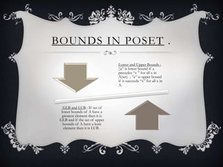 BOUNDS IN POSET .
Lower and Upper Bounds :
“a” is lower bound if a
precedes “x ” for all x in
A(set) ; “a” is upper bound
if it succeeds “x” for all x in
A.
GLB and LUB : If set of
lower bounds of A have a
greatest element then it is
GLB and if the set of upper
bounds of A have a least
element then it is LUB .
 