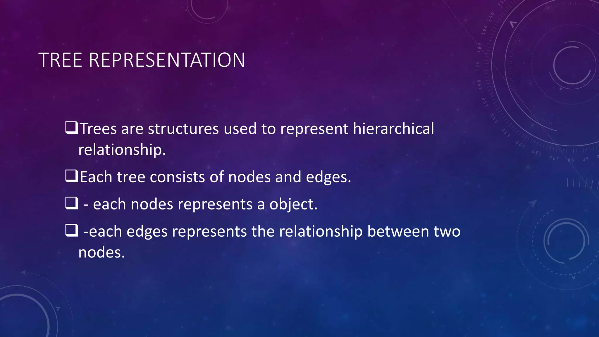TREE REPRESENTATION
Trees are structures used to represent hierarchical
relationship.
Each tree consists of nodes and edges.
 - each nodes represents a object.
 -each edges represents the relationship between two
nodes.
 