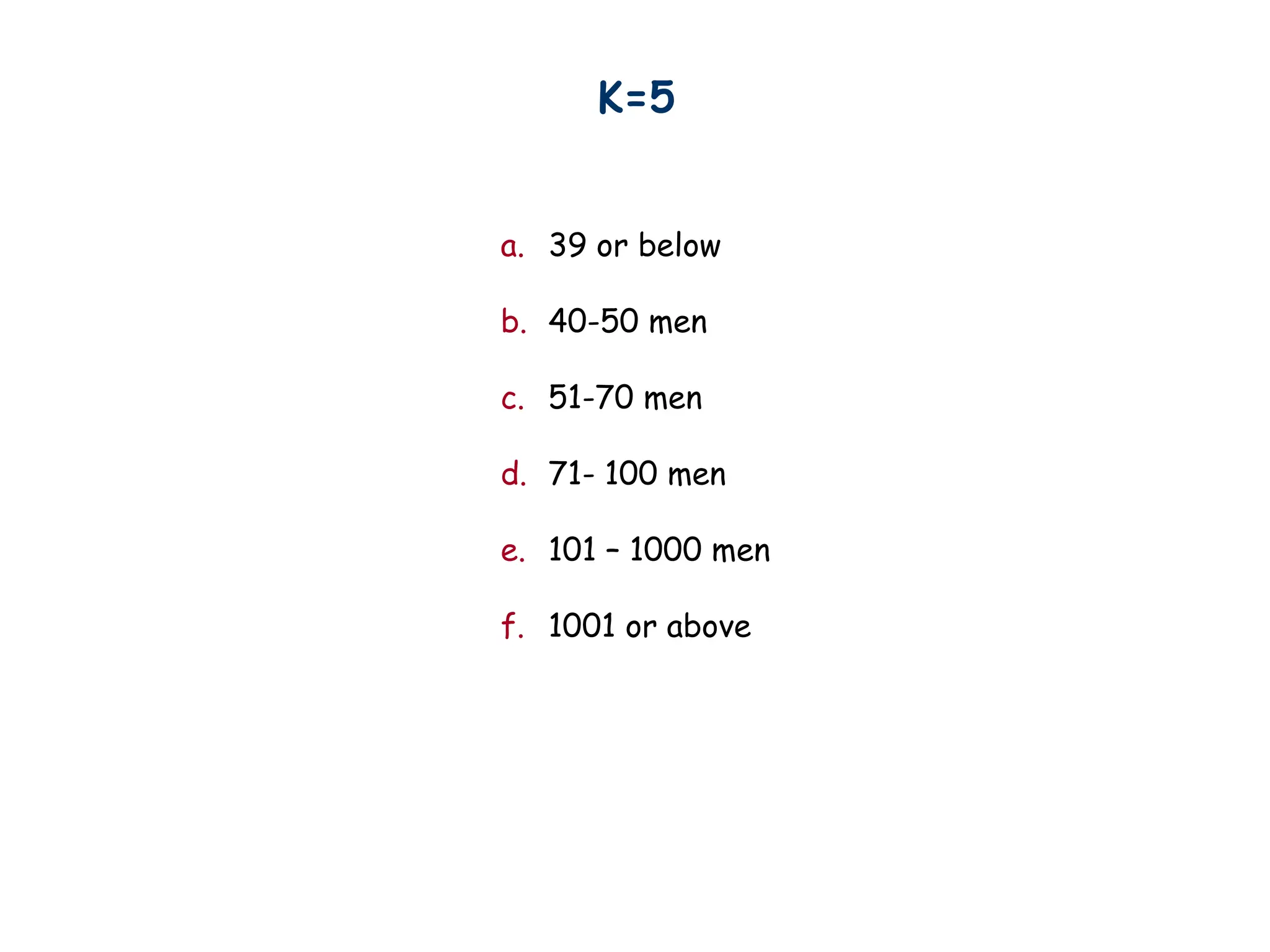 K=5
a. 39 or below
b. 40-50 men
c. 51-70 men
d. 71- 100 men
e. 101 – 1000 men
f. 1001 or above
 
