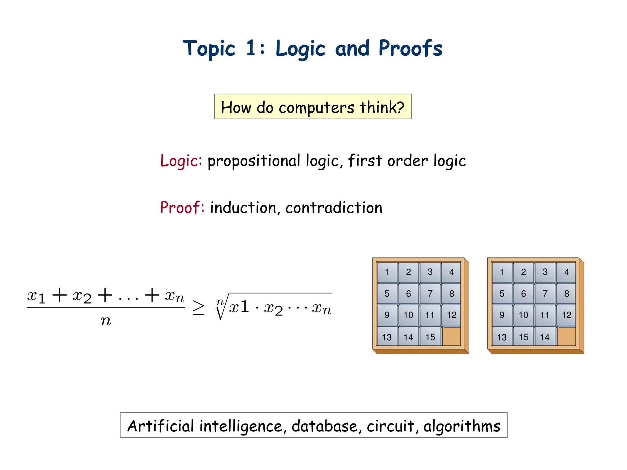 Topic 1: Logic and Proofs
Logic: propositional logic, first order logic
Proof: induction, contradiction
How do computers think?
Artificial intelligence, database, circuit, algorithms
 