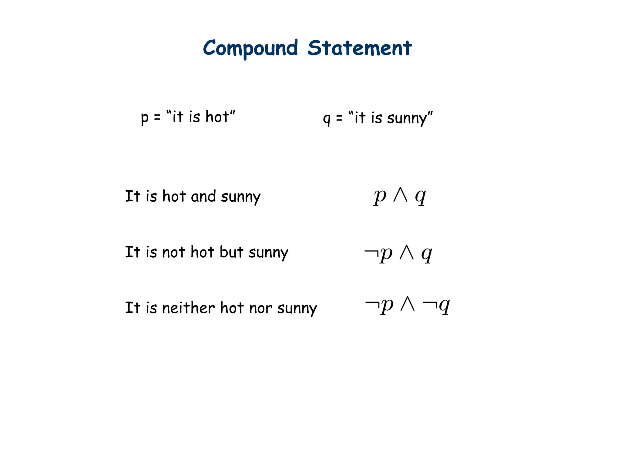 Compound Statement
p = “it is hot” q = “it is sunny”
It is hot and sunny
It is not hot but sunny
It is neither hot nor sunny
 