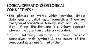 LOGICALOPERATIONS OR LOGICAL
CONNECTIVES :
•The phrases or words which combine simple
statements are called logical connectives. There are
five types of connectives. Namely, ‘not’, ‘and’, ‘or’, ‘if…
then’, iff etc. The first one is a unitary operator
whereas the other four are binary operators.
•In the following table we list some possible
connectives, their symbols & the nature of the
compound statement formed by them.
 