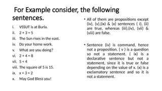 For Example consider, the following
sentences.
i. VSSUT is at Burla.
ii. 2 + 3 = 5
iii. The Sun rises in the east.
iv. Do your home work.
v. What are you doing?
vi. 2 + 4 = 8
vii. 5 < 4
viii. The square of 5 is 15.
ix. x + 3 = 2
x. May God Bless you!
• All of them are propositions except
(iv), (v),(ix) & (x) sentences ( i), (ii)
are true, whereas (iii),(iv), (vii) &
(viii) are false.
• Sentence (iv) is command, hence
not a proposition. ( v ) is a question
so not a statement. ( ix) is a
declarative sentence but not a
statement, since it is true or false
depending on the value of x. (x) is a
exclamatory sentence and so it is
not a statement.
 