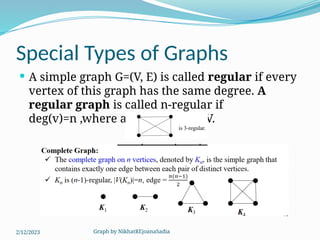 Graph by NikhatREjoanaSadia
Special Types of Graphs
 A simple graph G=(V, E) is called regular if every
vertex of this graph has the same degree. A
regular graph is called n-regular if
deg(v)=n ,where all v belongs to V.
2/12/2023
 
